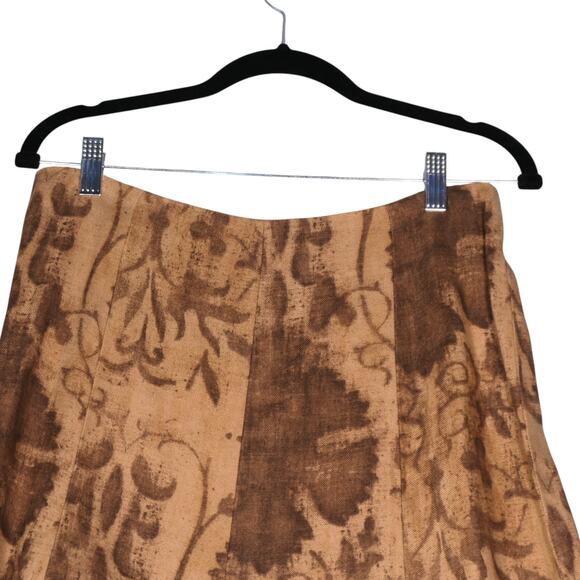 Lauren Ralph Lauren Midi Skirt Women 6 Brown 100% Linen Full Artsy Abstract Boho - Picture 3 of 9